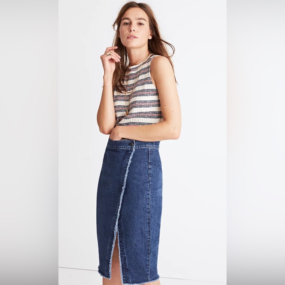 Raw-Hem Denim Midi Skirt used good condition